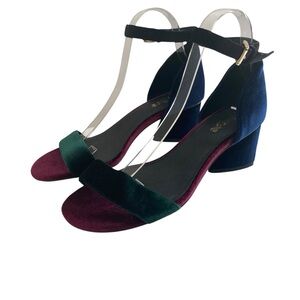 LuLaRoe Velvet Strappy Sandals‎ Womens 8.5B Navy Burgundy Block Heel Ankle Strap